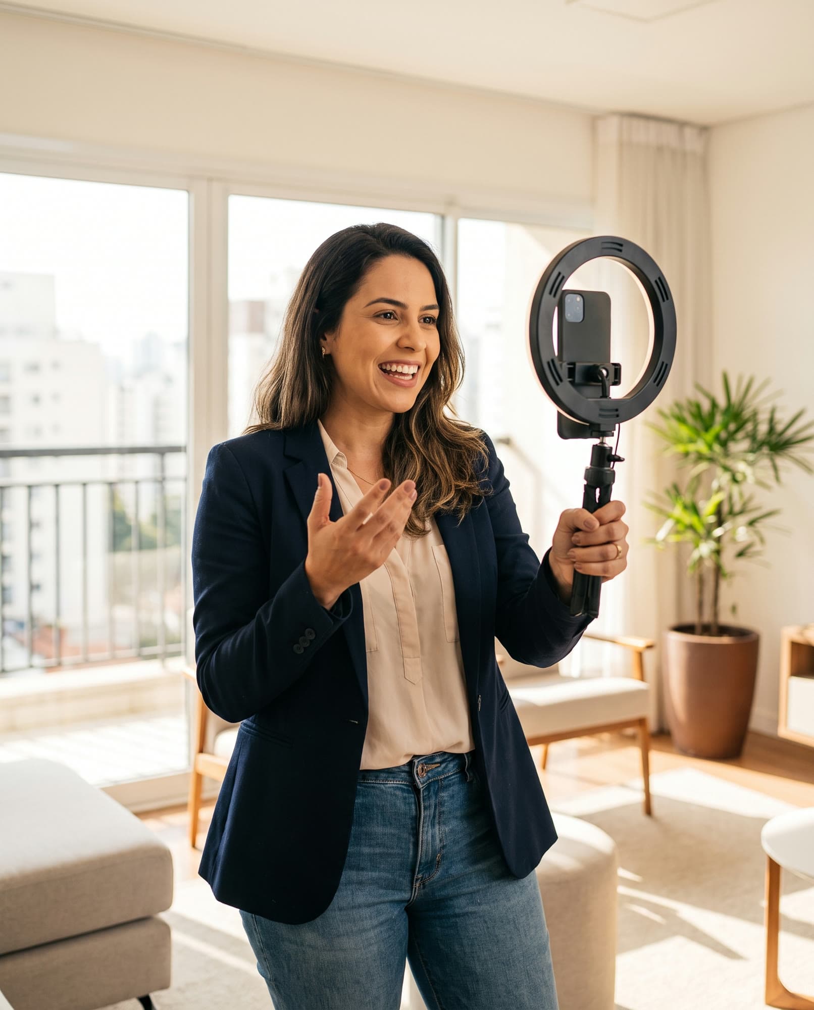 Corretora sorrindo enquanto grava um vídeo com o celular preso num ring light (foto ilustrativa)