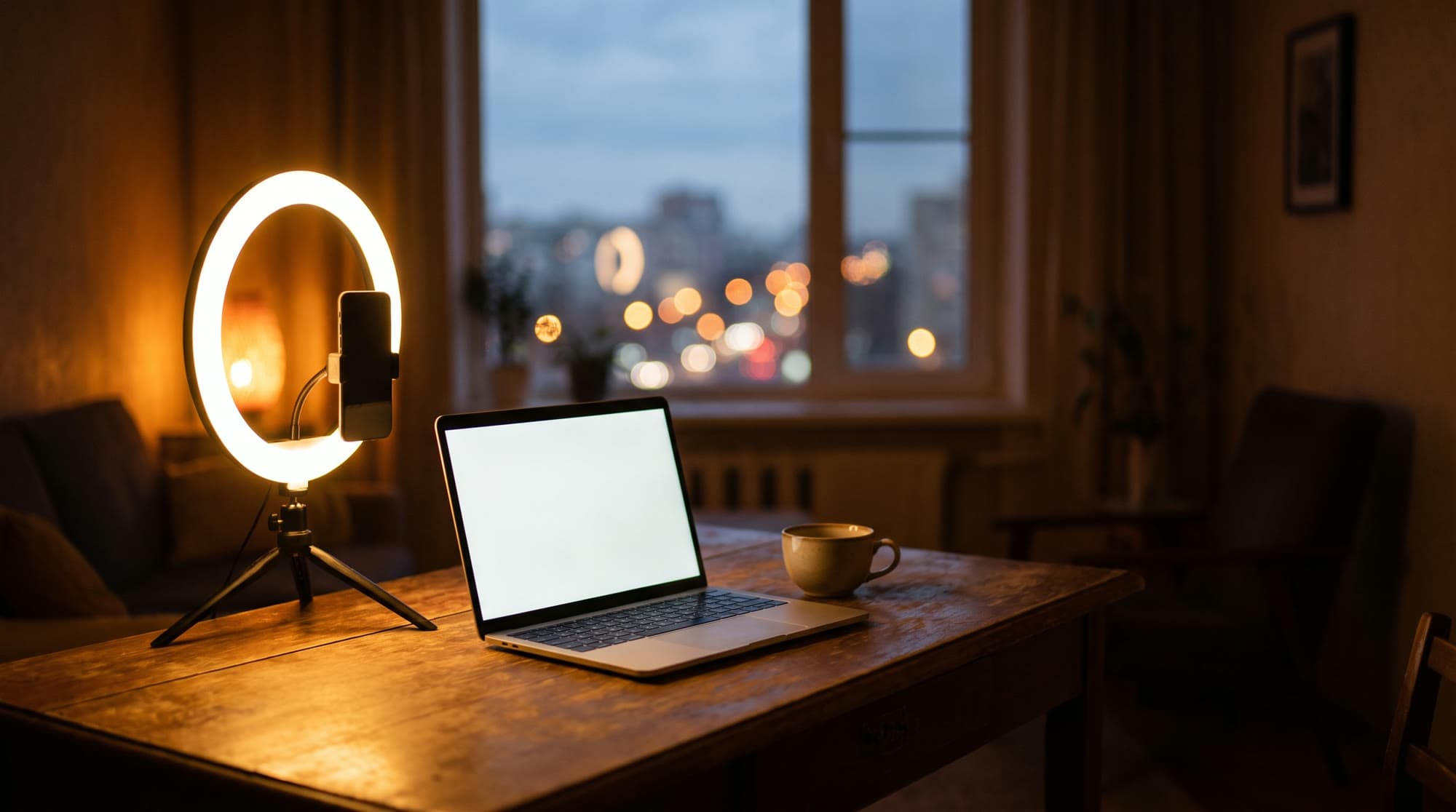 Mesa à noite com ring light aceso, celular no tripé, notebook com a tela em branco e uma xícara de café (foto ilustrativa)